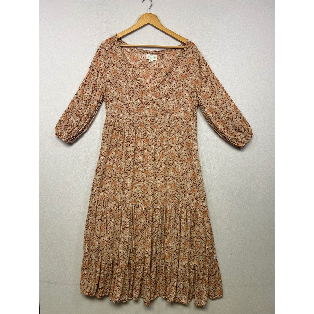 Boho Cottagecore Jun & Ivy Womens Medium Tan Floral Tiered Rayon Midi Dress